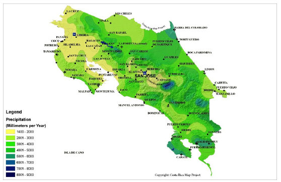 Orography and Yearly Precipitation Map of Costa Rica